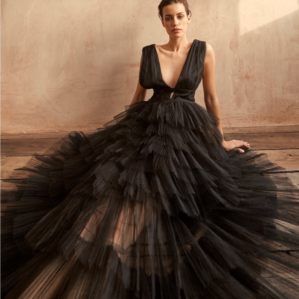 True Decadence Eliza Black Plunge Tulle Layered Maxi Dress Black